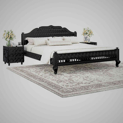 Ummed King Size Bed handcrafted with mango wood and matte black finish. antique Shekhawati hand-carved design.