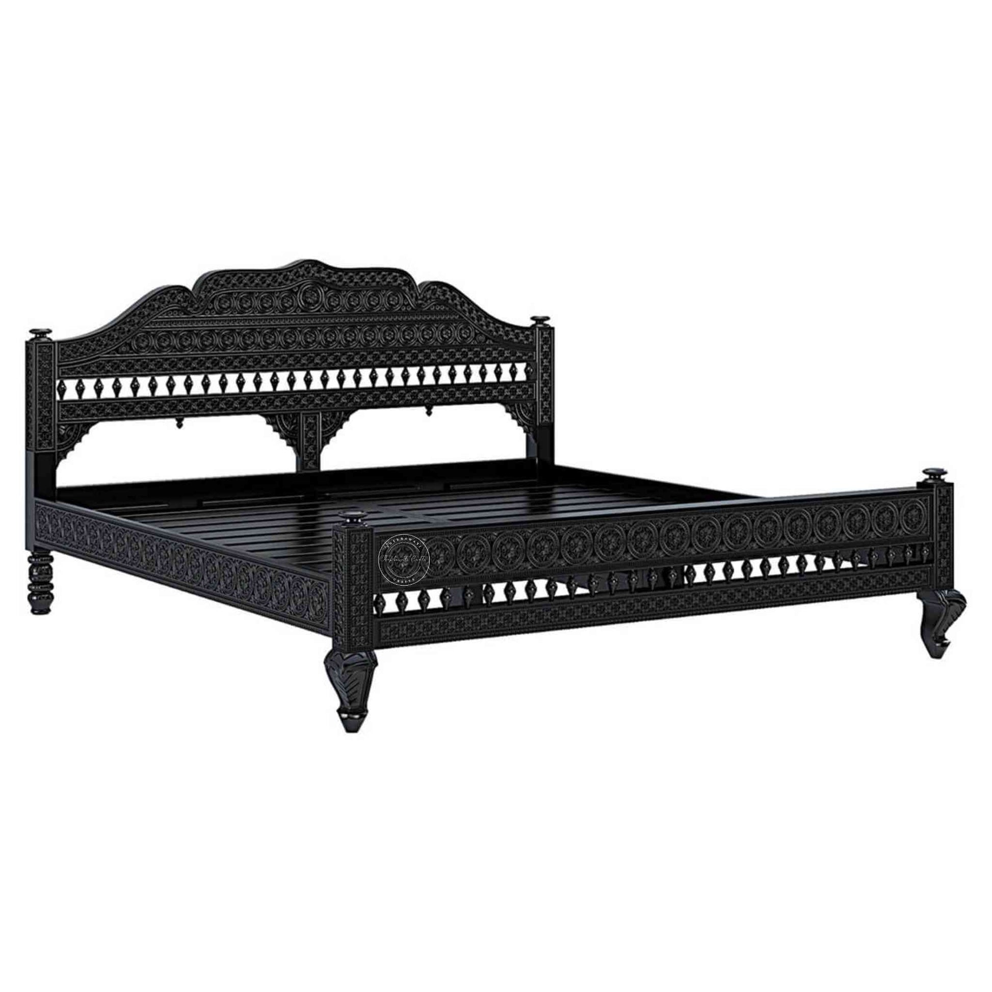 Ummed King Size Bed handcrafted with mango wood and matte black finish. antique Shekhawati hand-carved design.