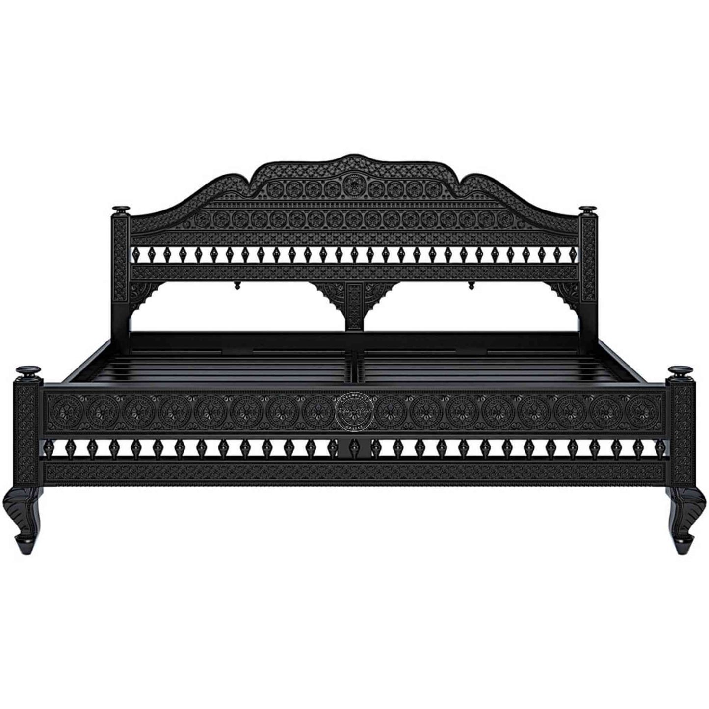 Ummed King Size Bed handcrafted with mango wood and matte black finish. antique Shekhawati hand-carved design.