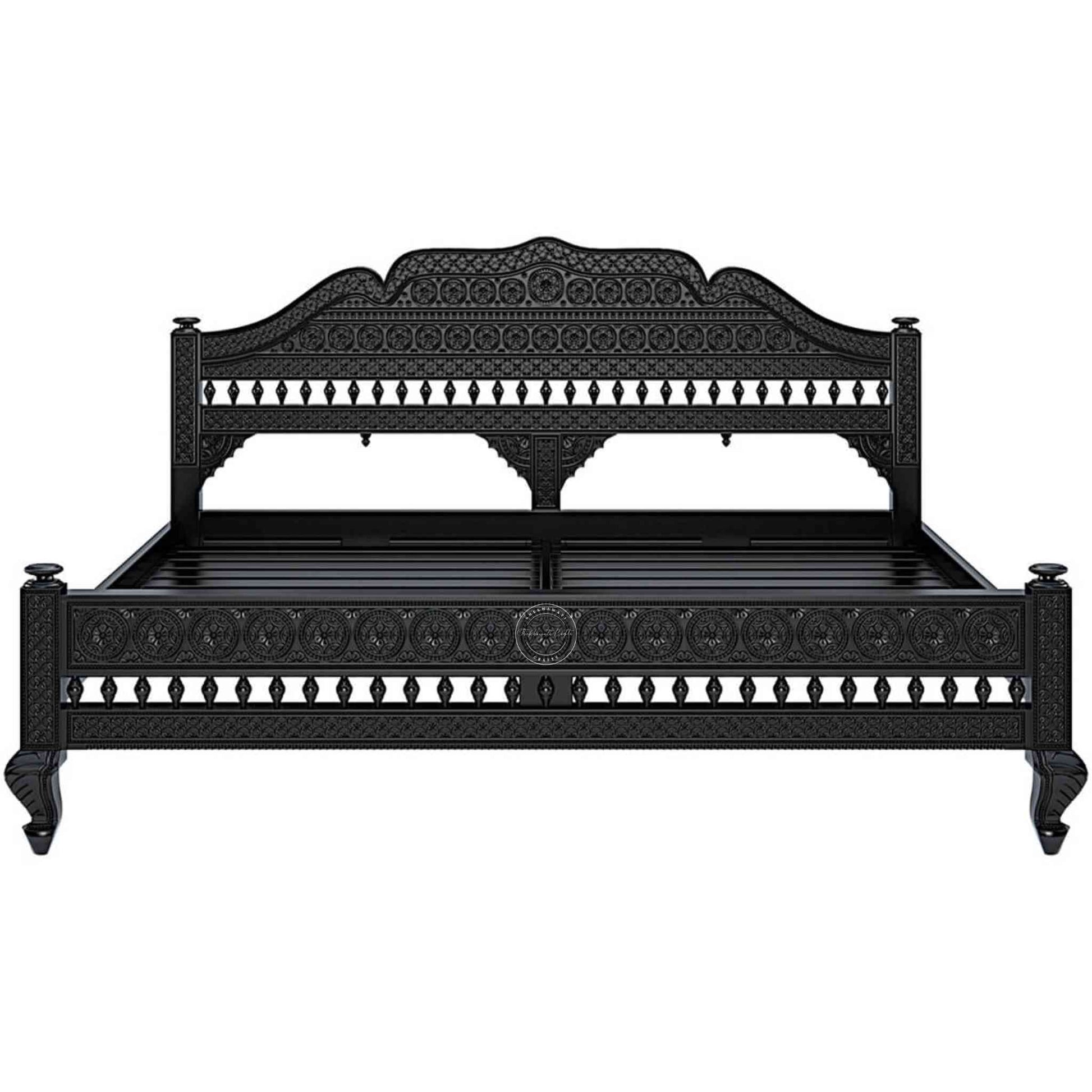 Ummed King Size Bed handcrafted with mango wood and matte black finish. antique Shekhawati hand-carved design.