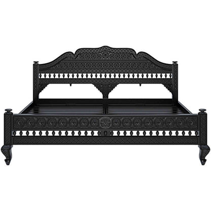 Ummed King Size Bed handcrafted with mango wood and matte black finish. antique Shekhawati hand-carved design.