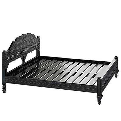 Ummed King Size Bed handcrafted with mango wood and matte black finish. antique Shekhawati hand-carved design.