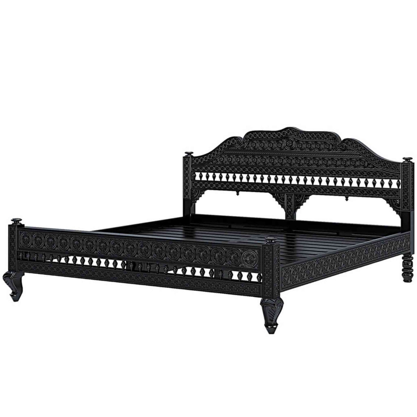 Ummed King Size Bed handcrafted with mango wood and matte black finish. antique Shekhawati hand-carved design.