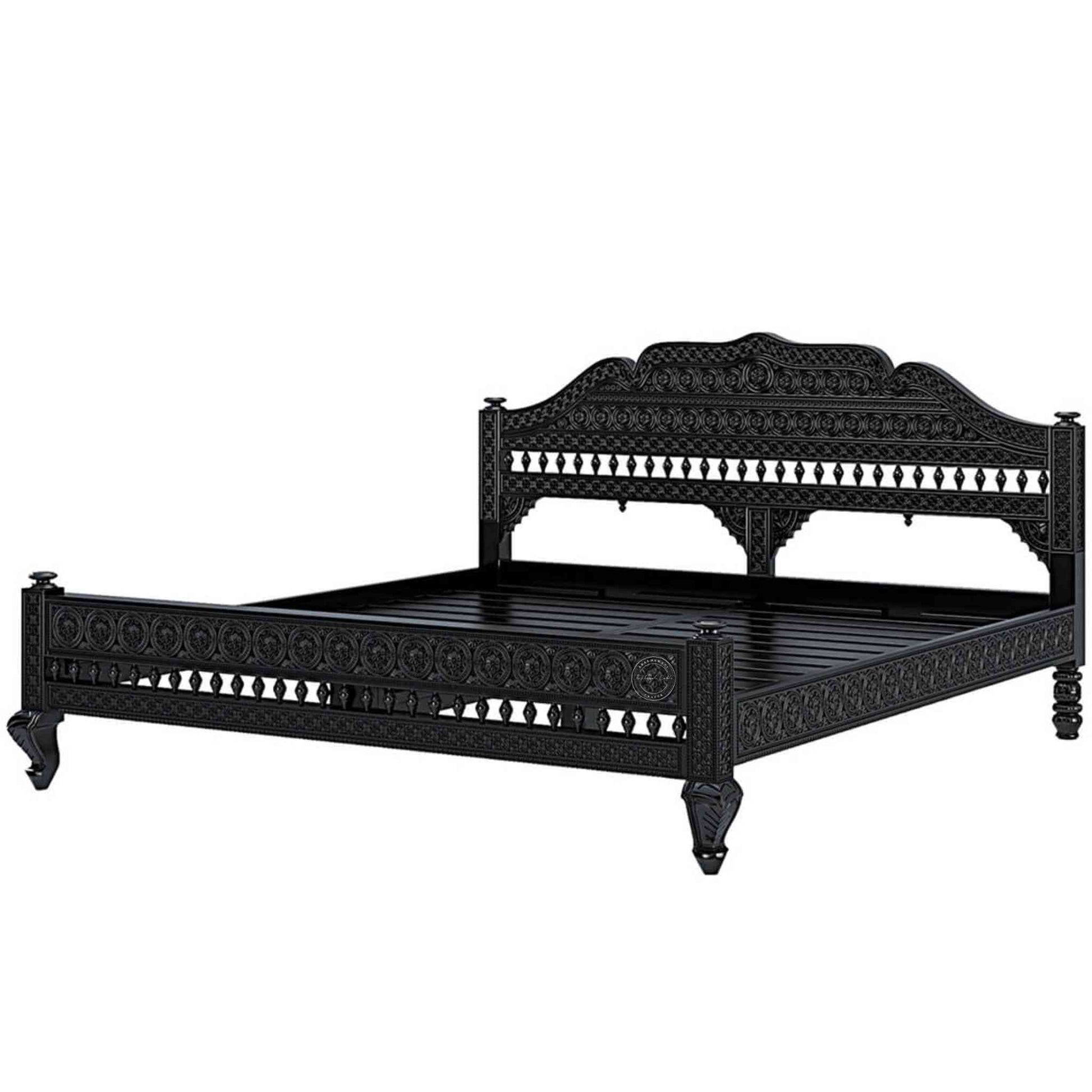 Ummed King Size Bed handcrafted with mango wood and matte black finish. antique Shekhawati hand-carved design.