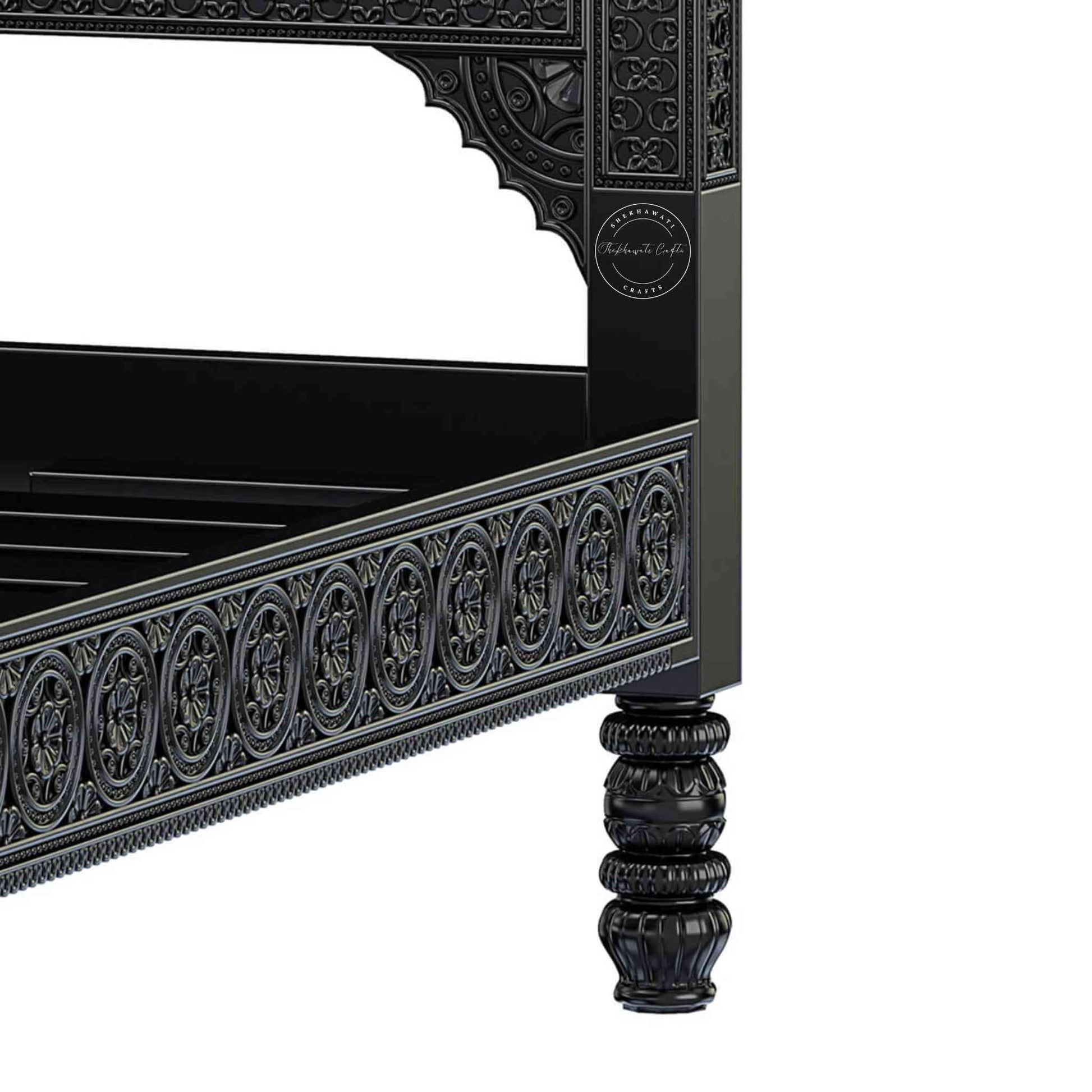 Ummed King Size Bed handcrafted with mango wood and matte black finish. antique Shekhawati hand-carved design.