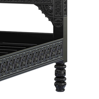 Ummed King Size Bed handcrafted with mango wood and matte black finish. antique Shekhawati hand-carved design.