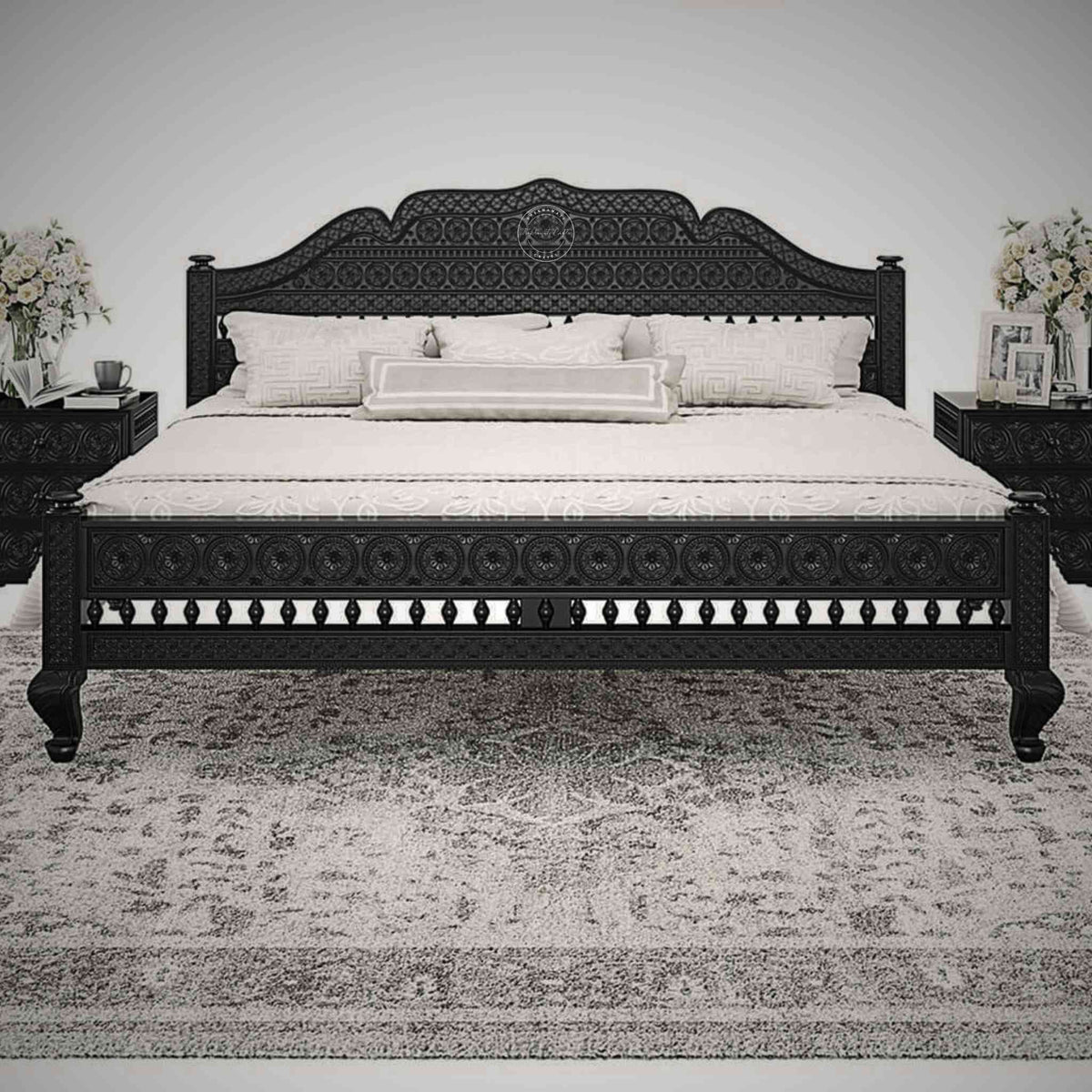Ummed King Size Bed handcrafted with mango wood and matte black finish. antique Shekhawati hand-carved design.