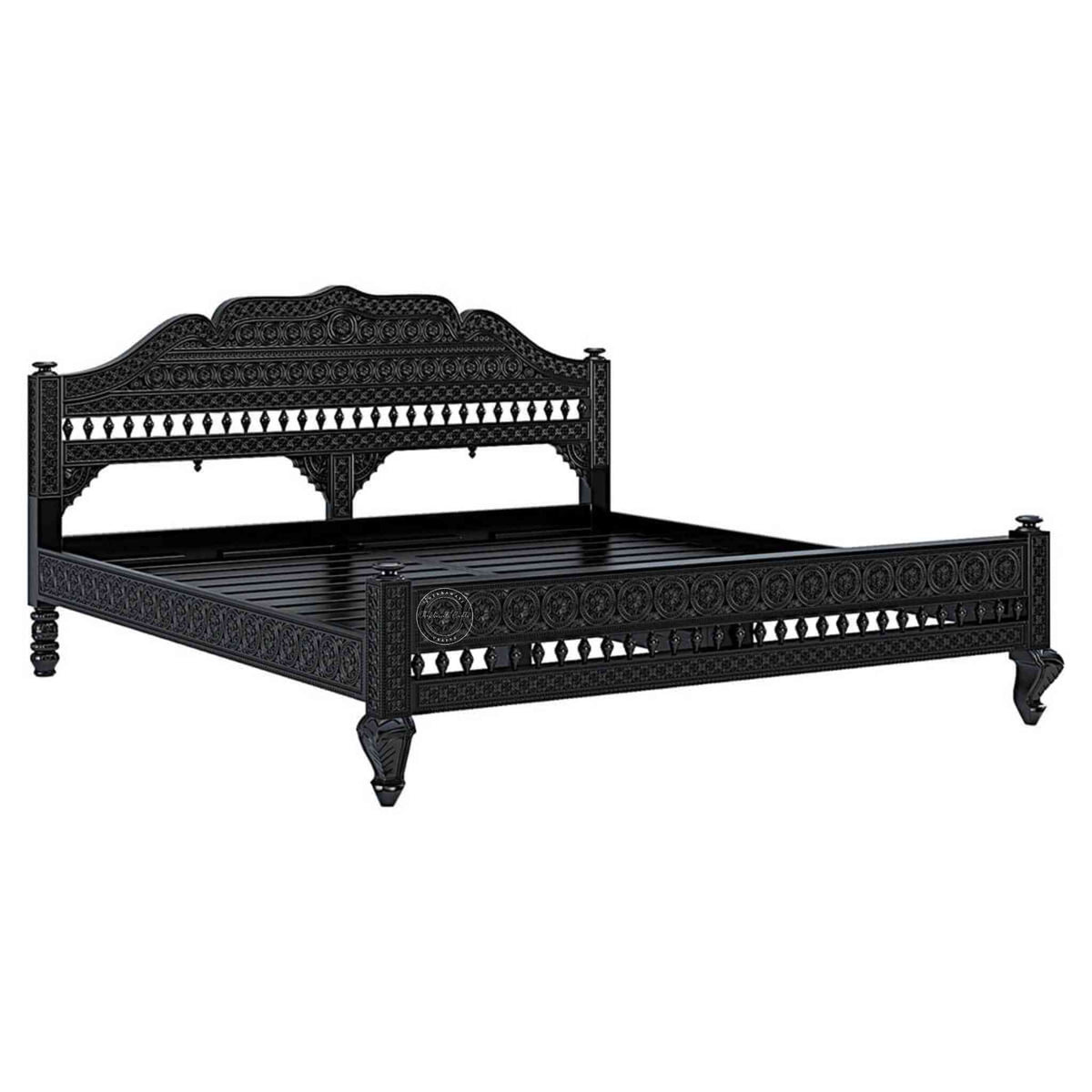 Ummed King Size Bed handcrafted with mango wood and matte black finish. antique Shekhawati hand-carved design.