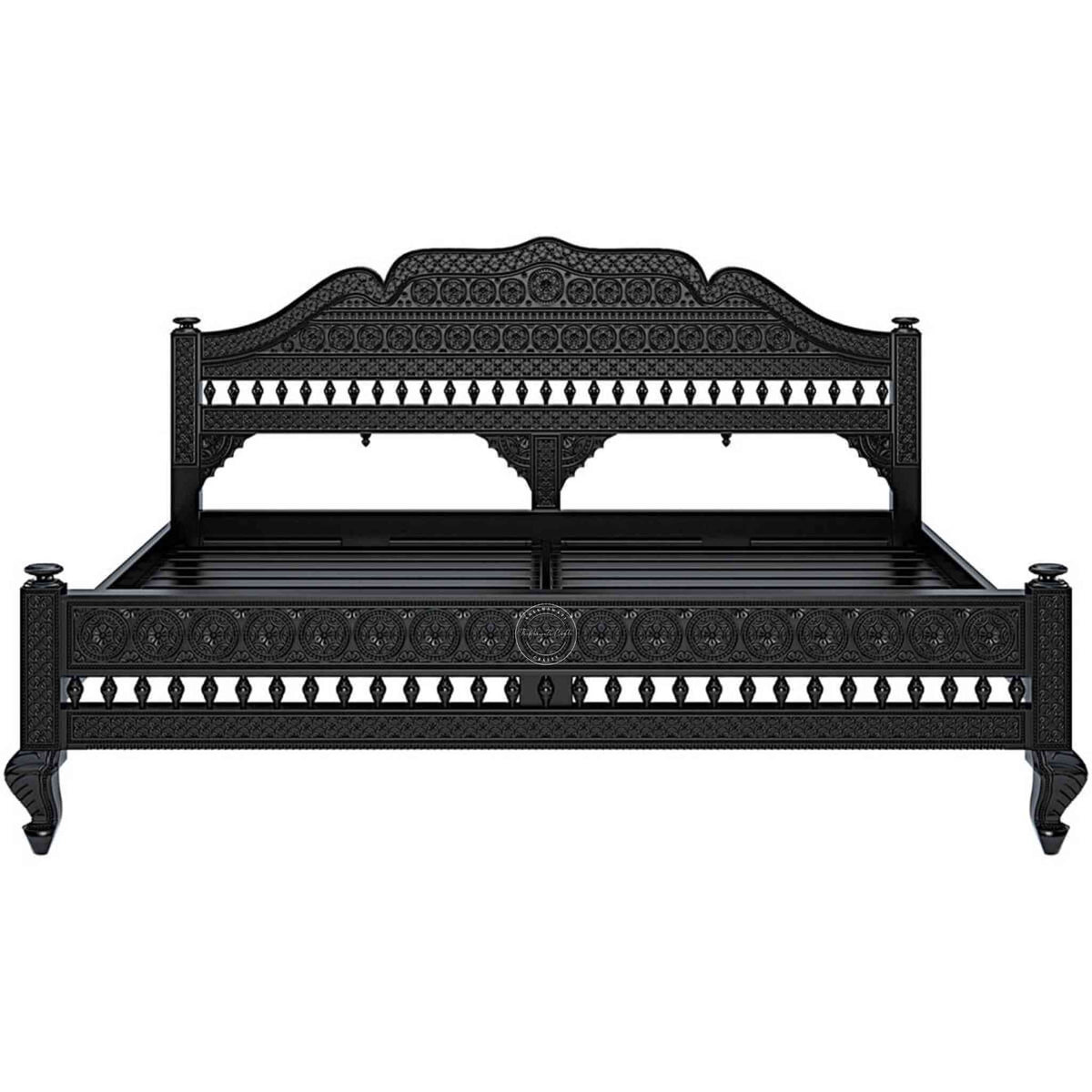 Ummed King Size Bed handcrafted with mango wood and matte black finish. antique Shekhawati hand-carved design.