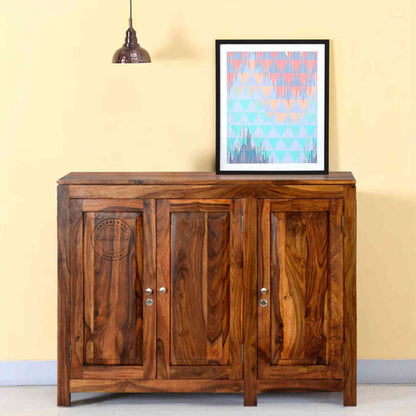 Handcrafted sheesham wood sideboard with natural finish, 3 doors, and foldable shelves for versatile storage solutions.