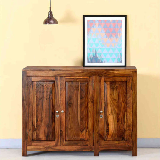 Handcrafted sheesham wood sideboard with natural finish, 3 doors, and foldable shelves for versatile storage solutions.