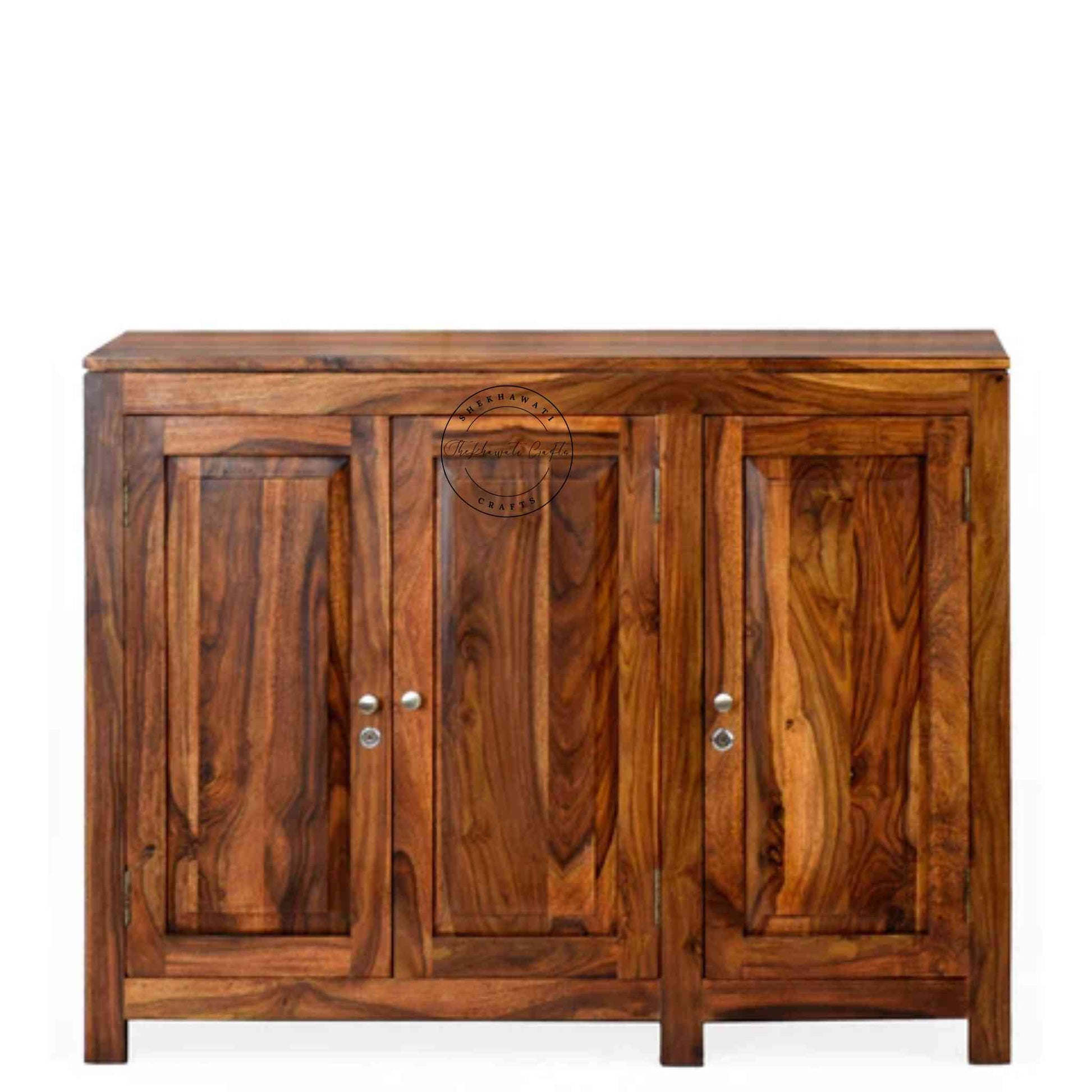 Handcrafted sheesham wood sideboard with natural finish, 3 doors, and foldable shelves for versatile storage solutions.