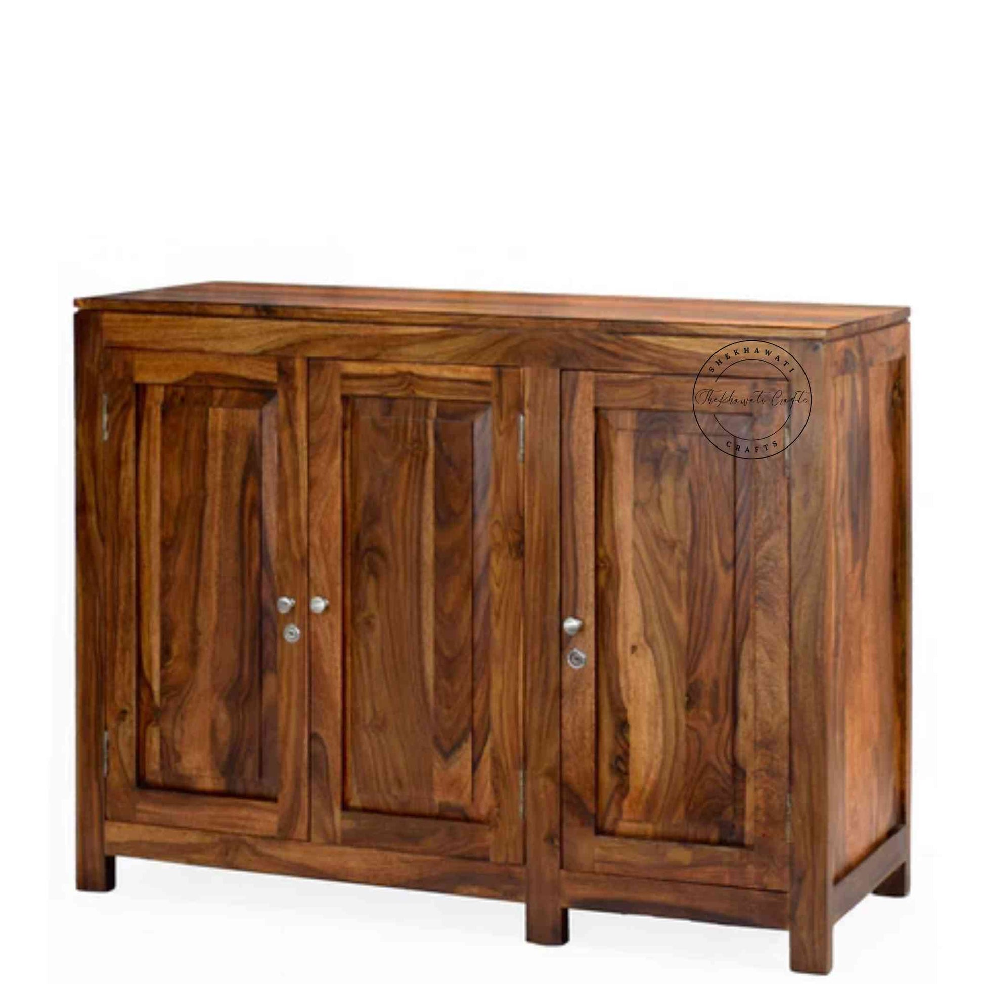 Handcrafted sheesham wood sideboard with natural finish, 3 doors, and foldable shelves for versatile storage solutions.