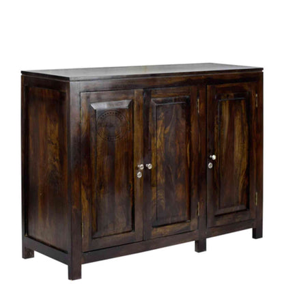 Handcrafted sheesham wood sideboard with natural finish, 3 doors, and foldable shelves for versatile storage solutions.