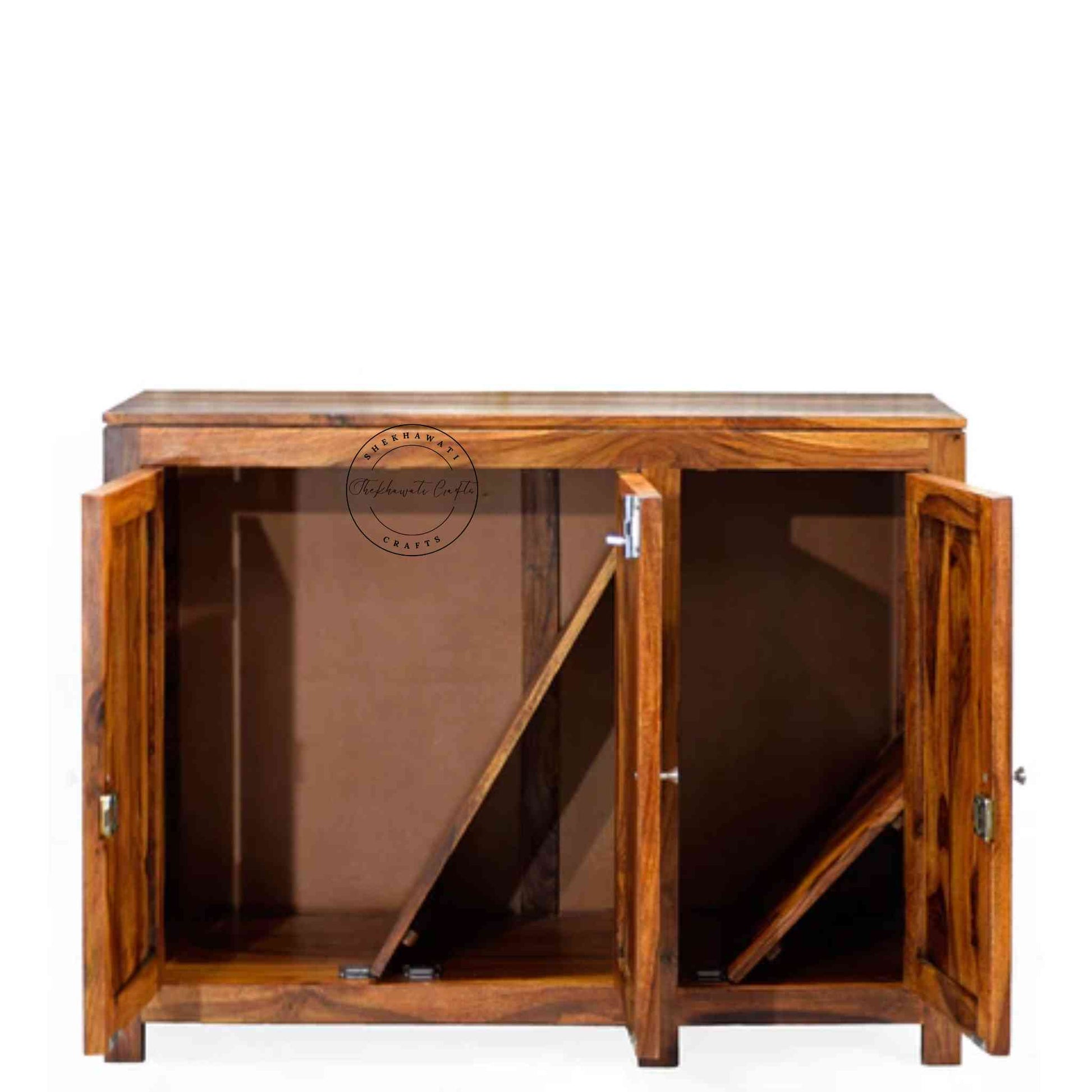 Handcrafted sheesham wood sideboard with natural finish, 3 doors, and foldable shelves for versatile storage solutions.