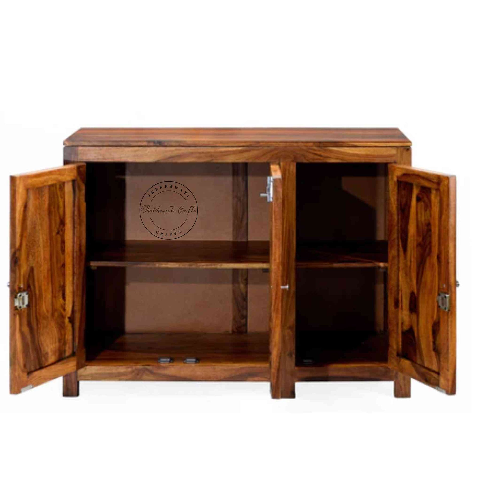 Handcrafted sheesham wood sideboard with natural finish, 3 doors, and foldable shelves for versatile storage solutions.