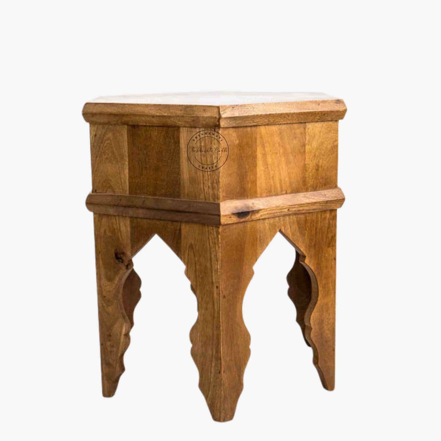 Handcrafted Varsa Accent Table crafted from mango wood with a natural finish and vintage appearance.