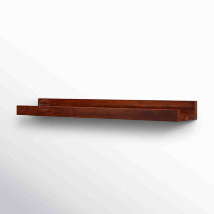 handcrafted Veda mango wood hanging wall shelf in honey finish.