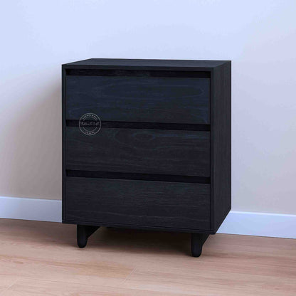 Velvet Ash Wooden Chest of Drawers s handmade from mango wood with a matte black finish and 3 storage drawers.