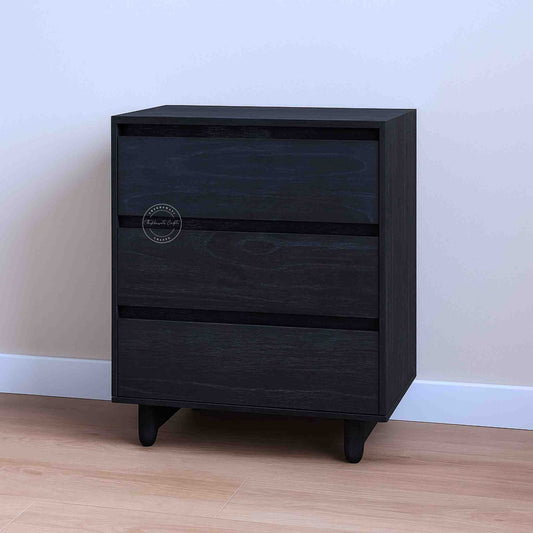 Velvet Ash Wooden Chest of Drawers s handmade from mango wood with a matte black finish and 3 storage drawers.