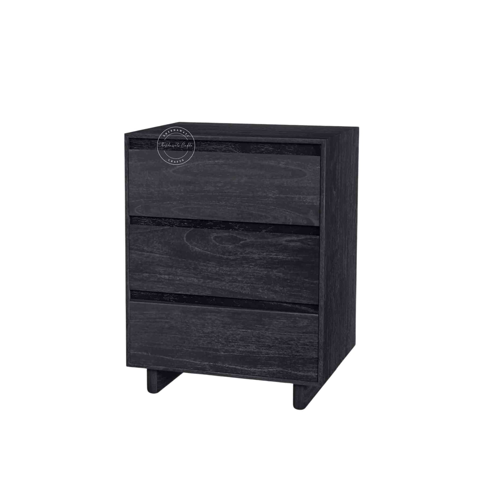 Velvet Ash Wooden Chest of Drawers s handmade from mango wood with a matte black finish and 3 storage drawers.