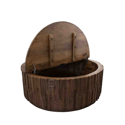 Venessa coffee table is handcrafted from mango wood with walnut finish and storage compartment.
