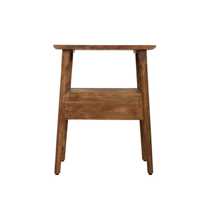 Venus end table is handmade from mango wood with natural finish and 1 drawer for storage