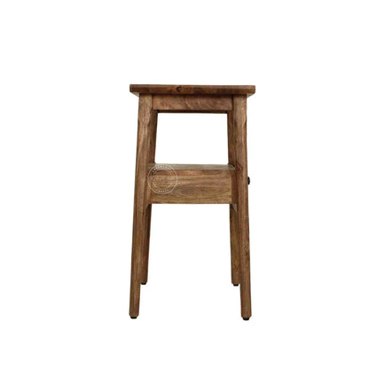 Venus end table is handmade from mango wood with natural finish and 1 drawer for storage
