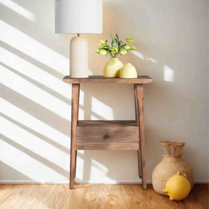 Venus end table is handmade from mango wood with natural finish and 1 drawer for storage