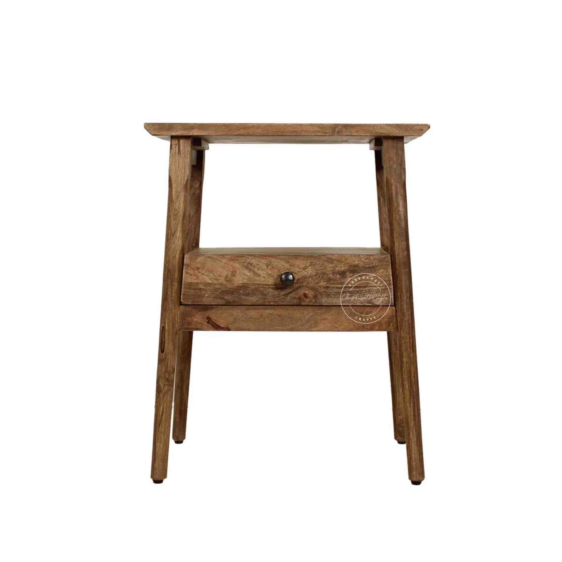 Venus end table is handmade from mango wood with natural finish and 1 drawer for storage