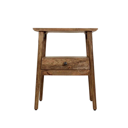 Venus end table is handmade from mango wood with natural finish and 1 drawer for storage