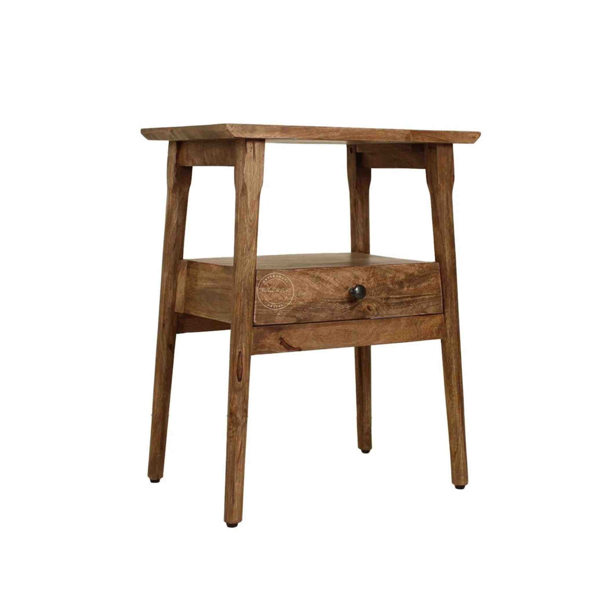 Venus end table is handmade from mango wood with natural finish and 1 drawer for storage