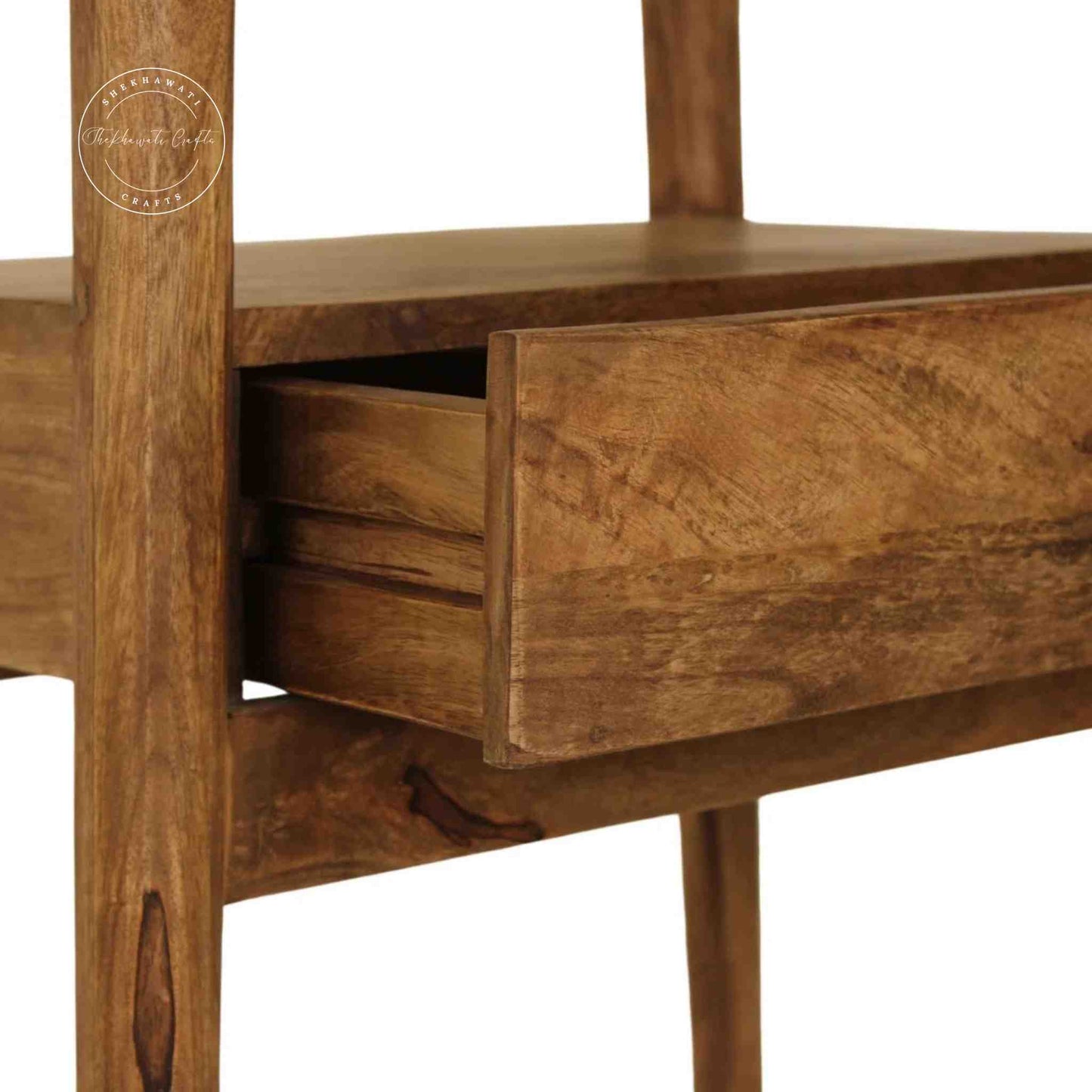 Venus end table is handmade from mango wood with natural finish and 1 drawer for storage