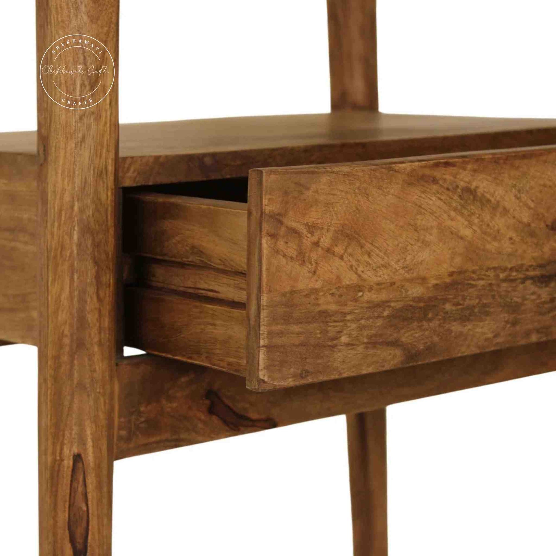 Venus end table is handmade from mango wood with natural finish and 1 drawer for storage