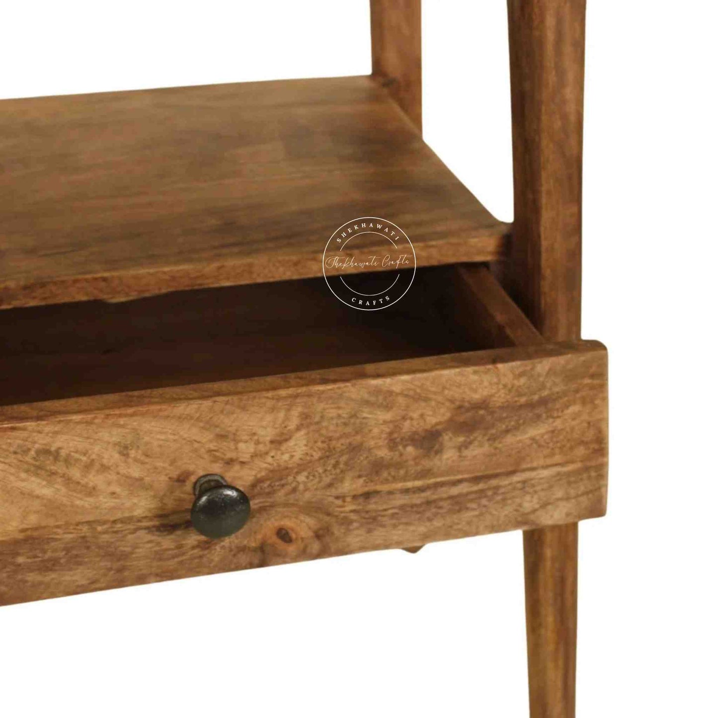 Venus end table is handmade from mango wood with natural finish and 1 drawer for storage