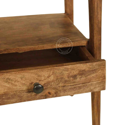 Venus end table is handmade from mango wood with natural finish and 1 drawer for storage