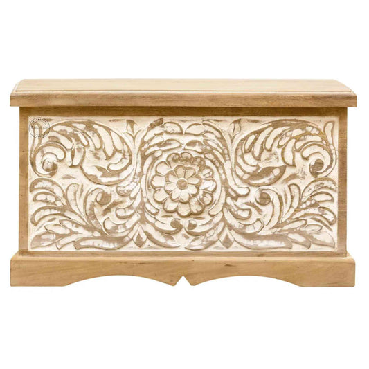 Verona Trunk is handcrafted with mango wood, a hand-carved design on the front side and a rustic white finish.