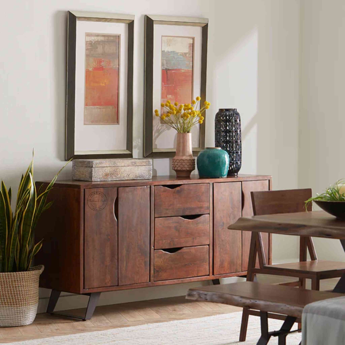Vienna Live Edge Sideboard is handcrafted with sheesham wood with 4 doors and 3 drawers and a walnut finish.