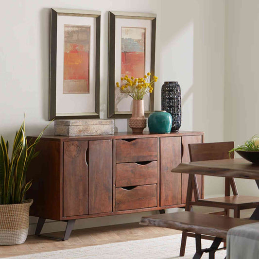 Vienna Live Edge Sideboard is handcrafted with sheesham wood with 4 doors and 3 drawers and a walnut finish.