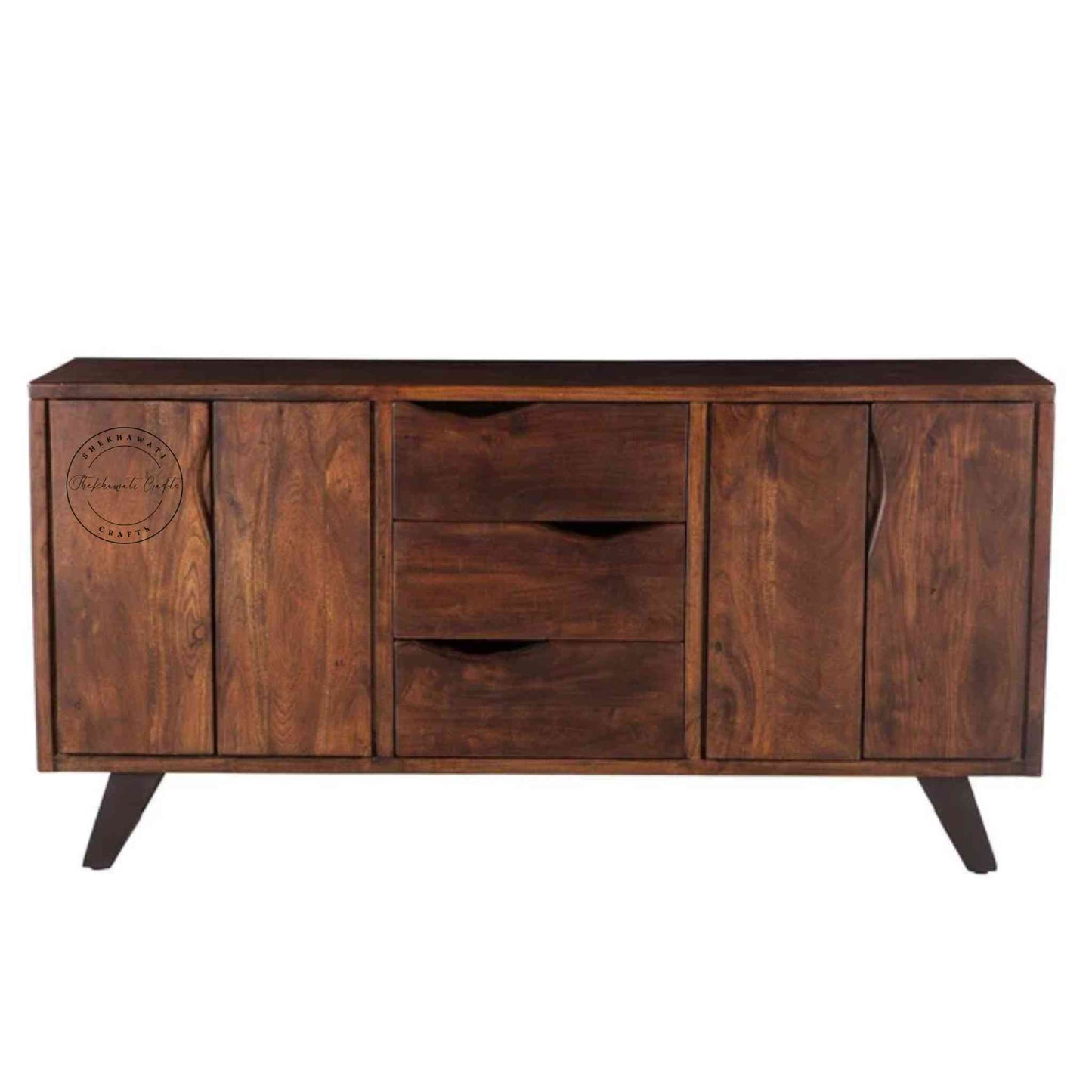 Vienna Live Edge Sideboard is handcrafted with sheesham wood with 4 doors and 3 drawers and a walnut finish.