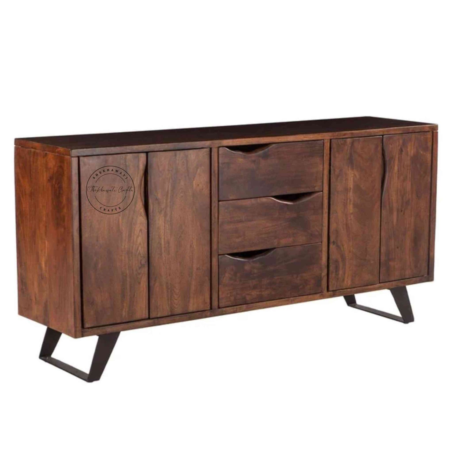 Vienna Live Edge Sideboard is handcrafted with sheesham wood with 4 doors and 3 drawers and a walnut finish.