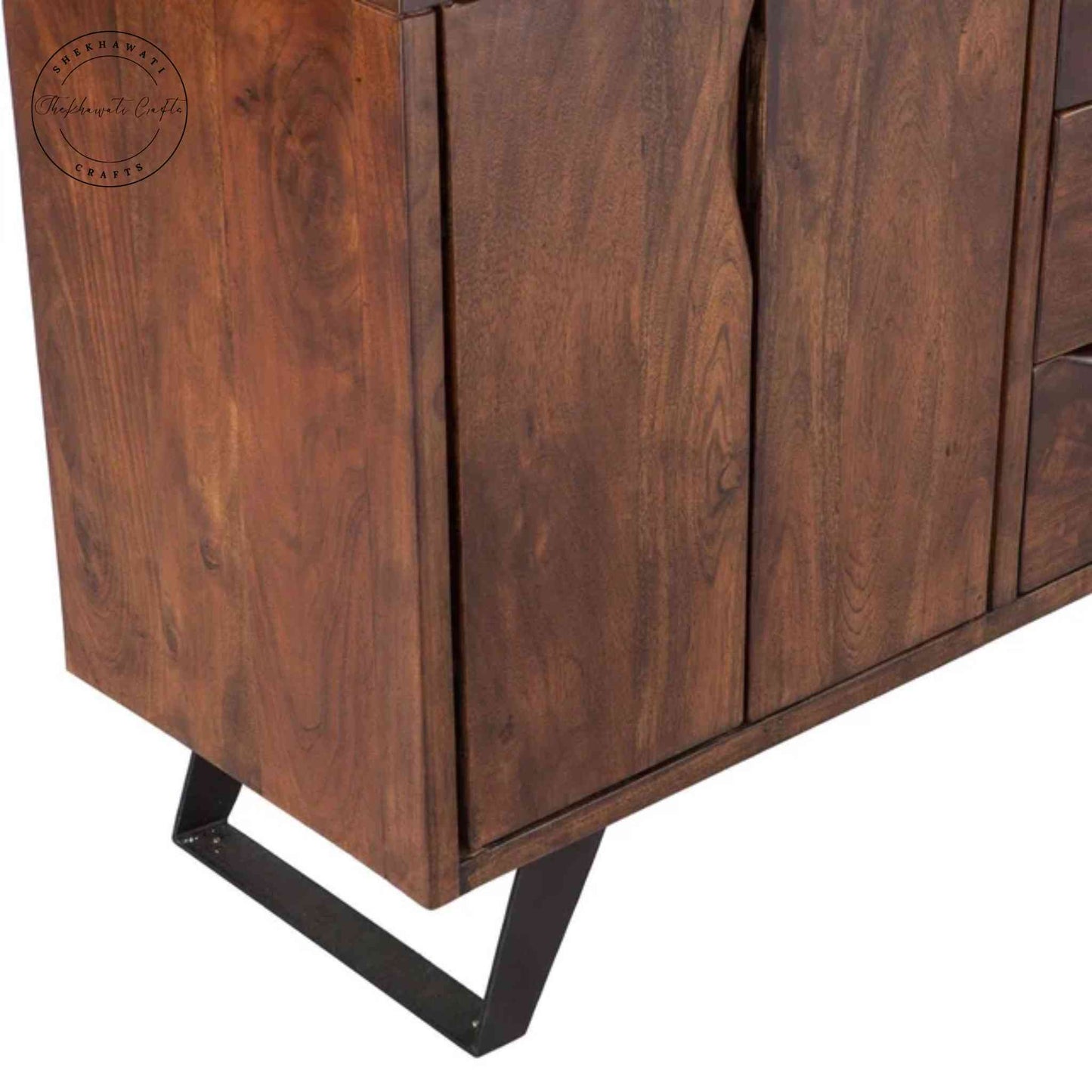 Vienna Live Edge Sideboard is handcrafted with sheesham wood with 4 doors and 3 drawers and a walnut finish.