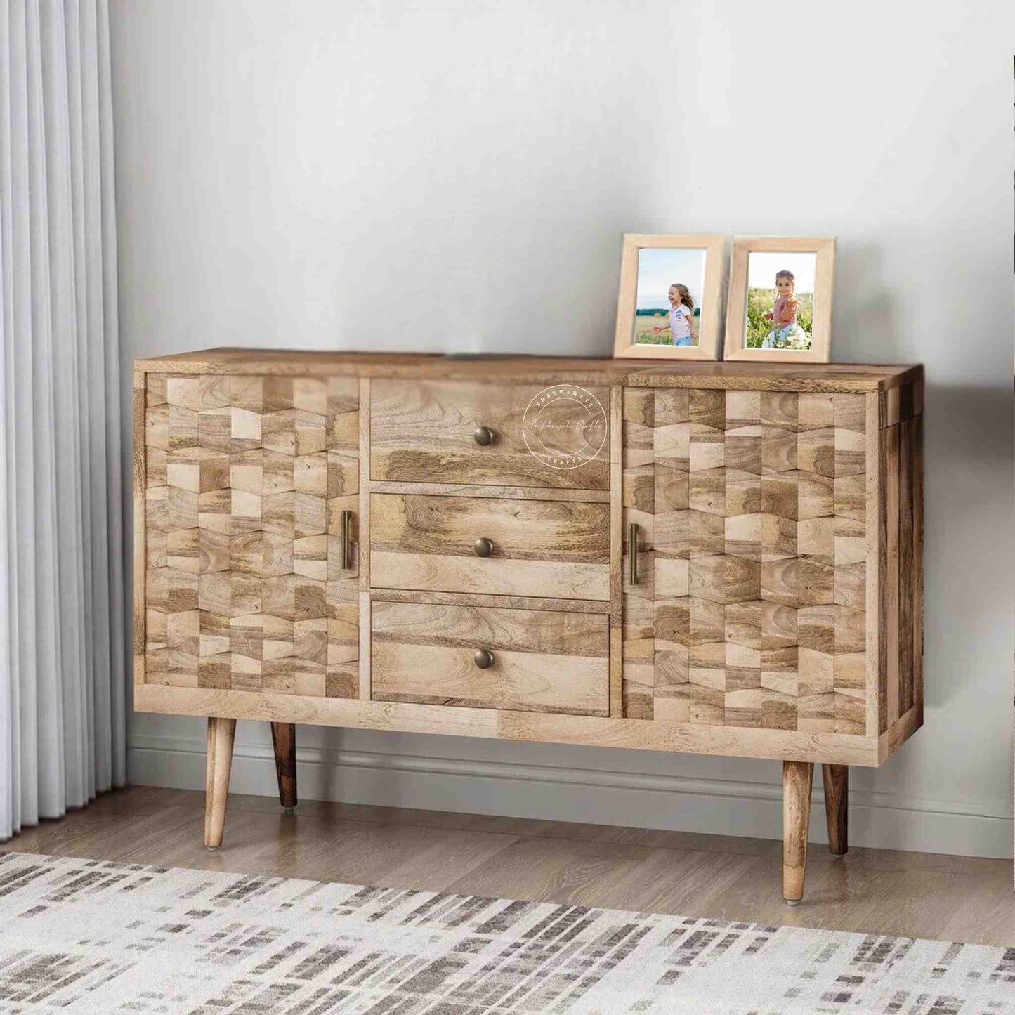 Vihaan mid century sideboard handcrafted from mango wood with 2 doors and 3 drawers.
