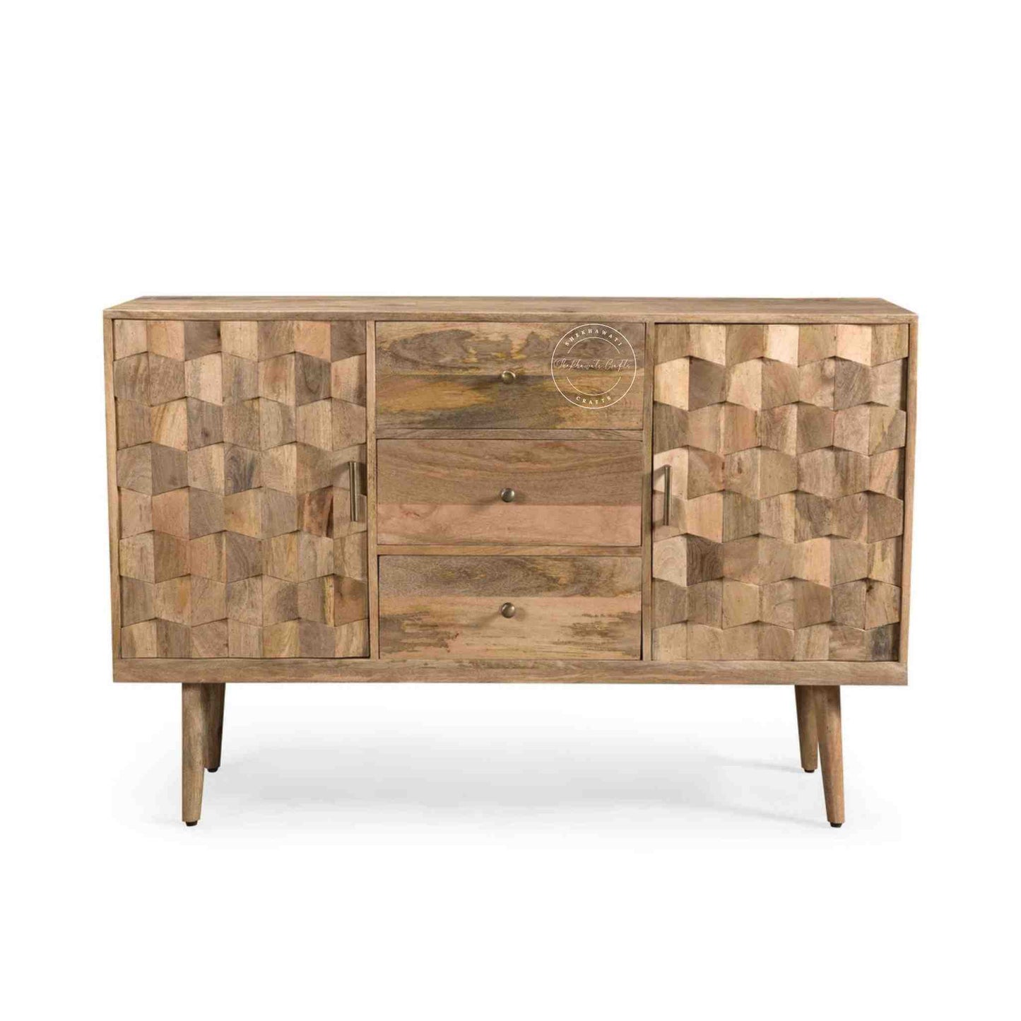 Vihaan mid century sideboard handcrafted from mango wood with 2 doors and 3 drawers.