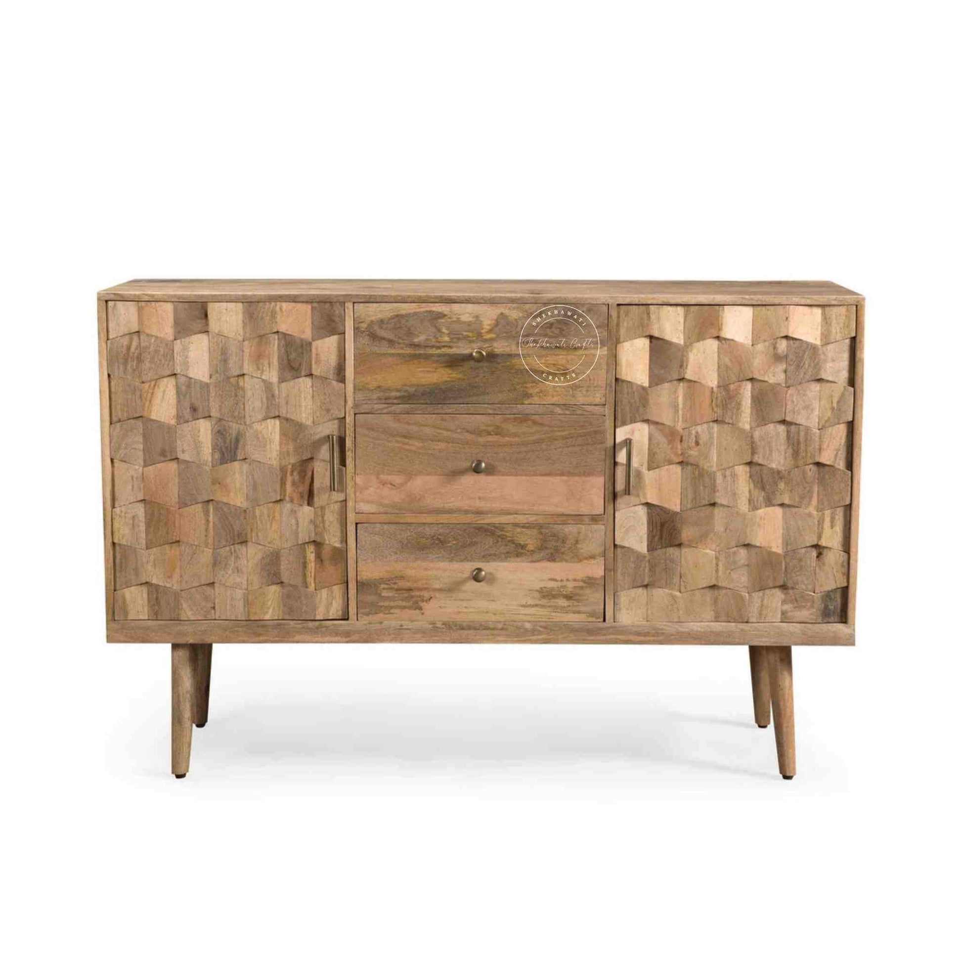 Vihaan mid century sideboard handcrafted from mango wood with 2 doors and 3 drawers.