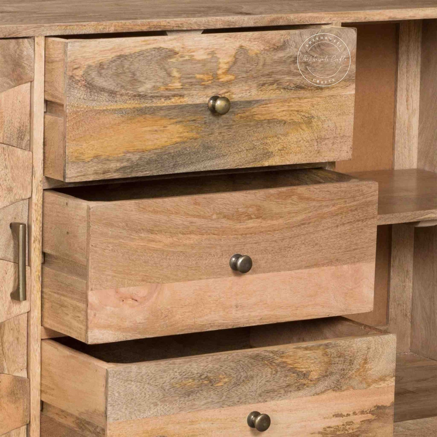 Vihaan mid century sideboard handcrafted from mango wood with 2 doors and 3 drawers.