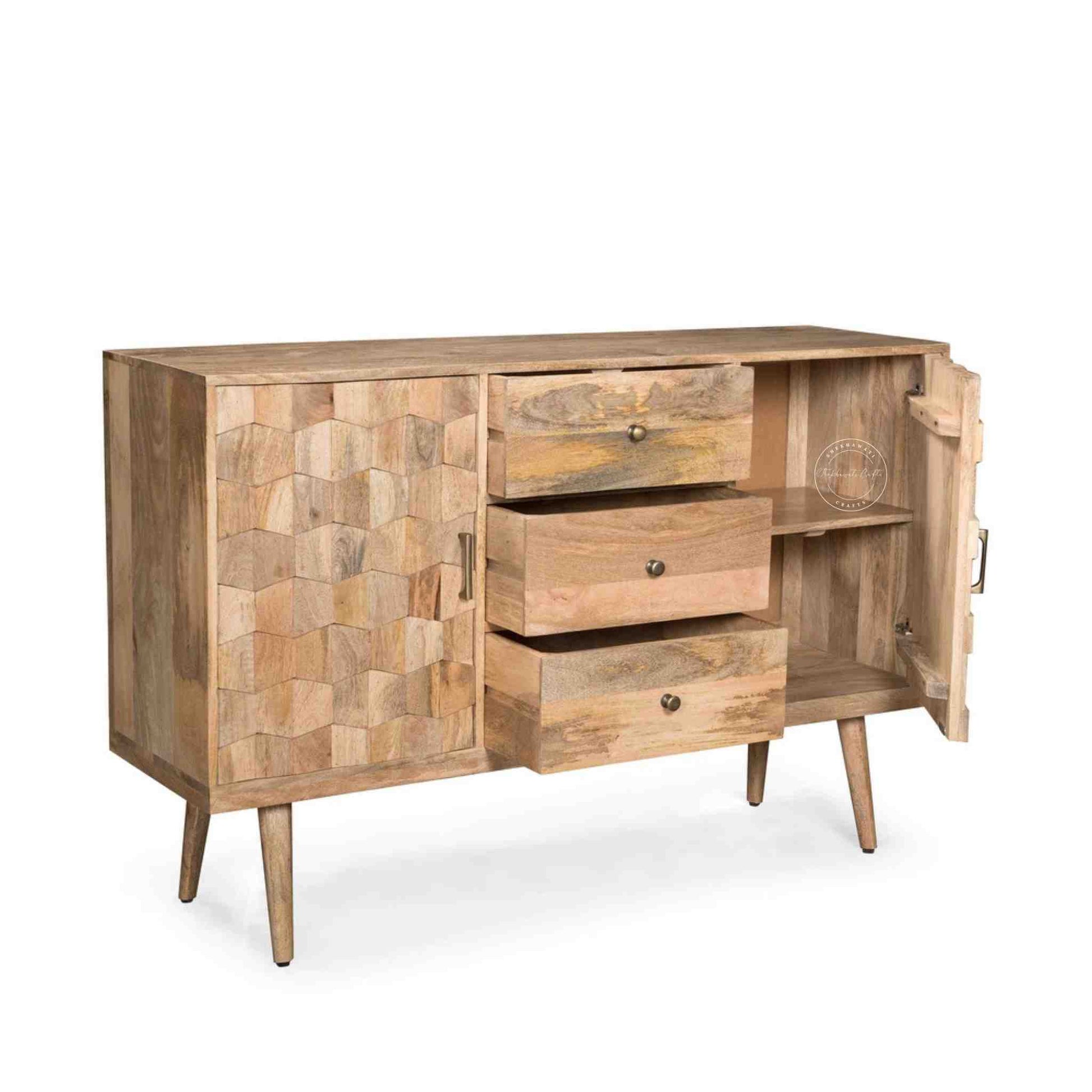 Vihaan mid century sideboard handcrafted from mango wood with 2 doors and 3 drawers.