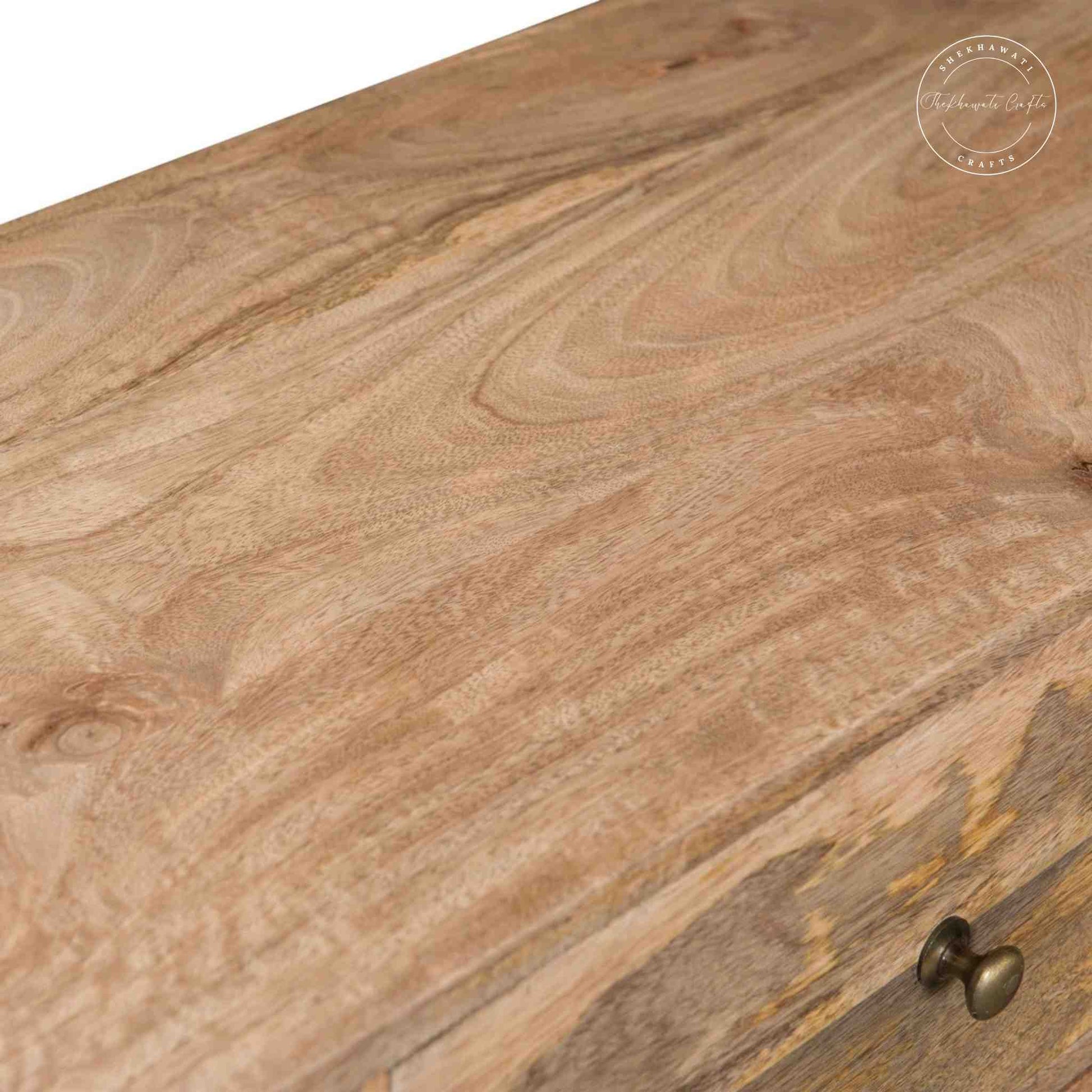 Vihaan mid century sideboard handcrafted from mango wood with 2 doors and 3 drawers.