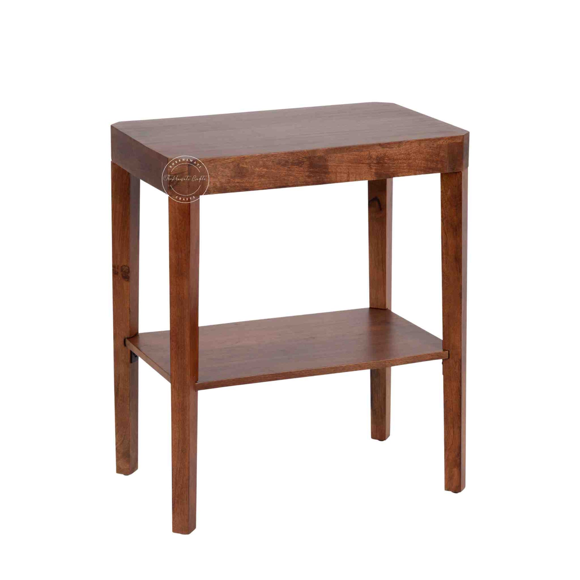 Visbi end table handmade from sheesham wood and honey finish with a bottom shelf.