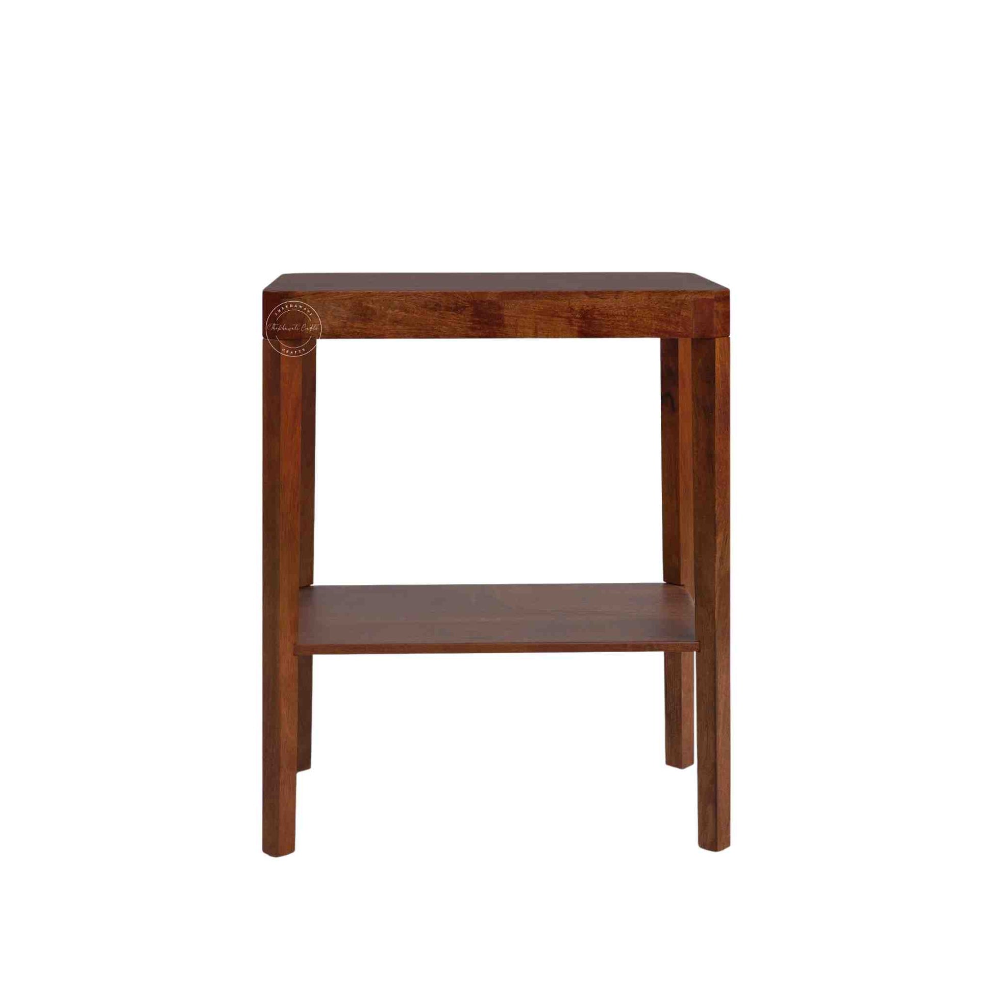 Visbi end table handmade from sheesham wood and honey finish with a bottom shelf.